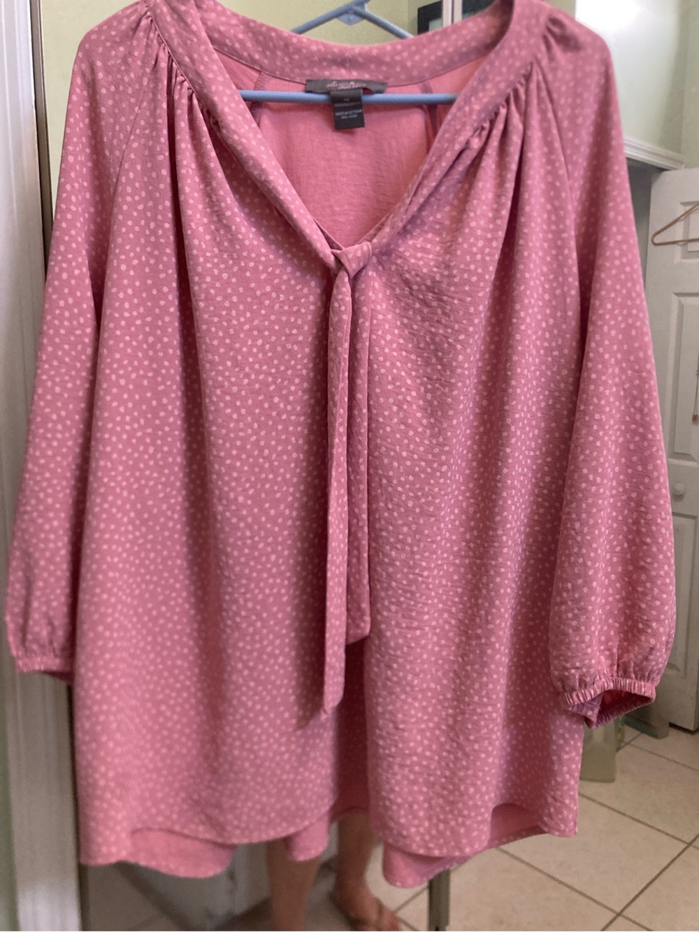 Pink Tie-Neck Blouse with Subtle Dot Print
